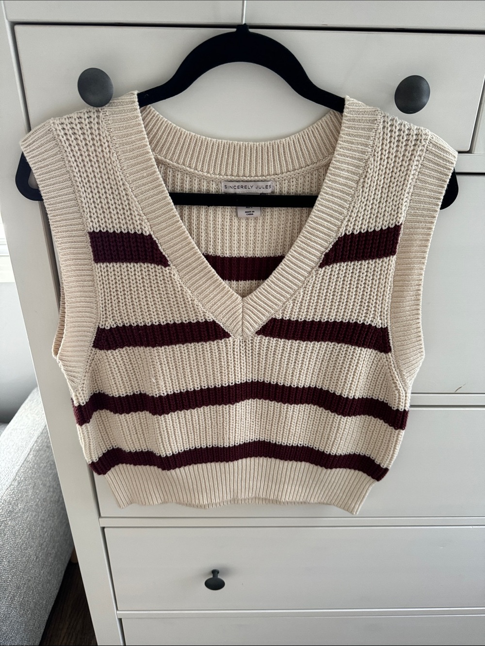 Sincerly Jules Cream and Burgundy Striped Knit V-Neck sweater tank